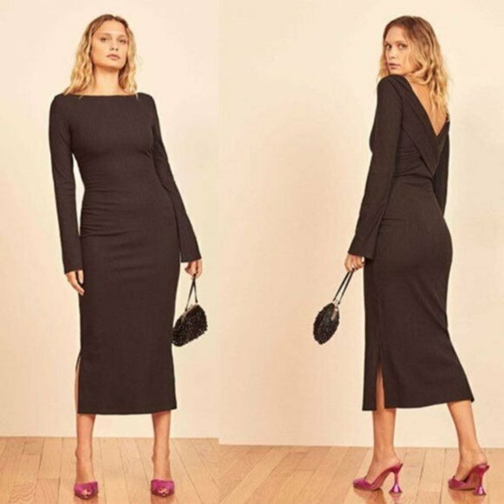 Reformation Nessa Dress Ribbed Maxi Length High Neck Long Sleeve Black Medium - Picture 1 of 12